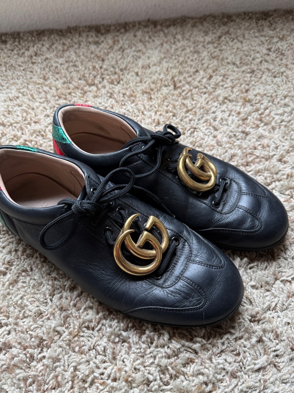 Gucci Black Leather Sneakers with Gold Double G